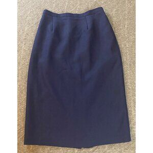 Vintage Navy Pencil Skirt Size 14 Midi Lined Elastic Waist Pockets Womens Zip